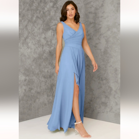 🆕Azazie Steel Blue Sleeveless Maxi Dress - Picture 4 of 12